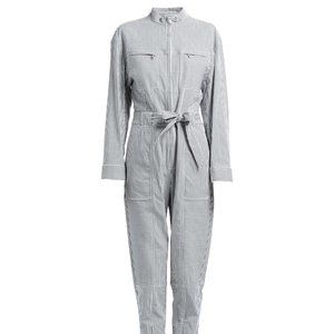 Jonathan Simkhai Striped Jumpsuit Belted Zipper Pockets White Blue Size 4